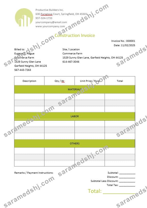 Blank Construction Invoice Template